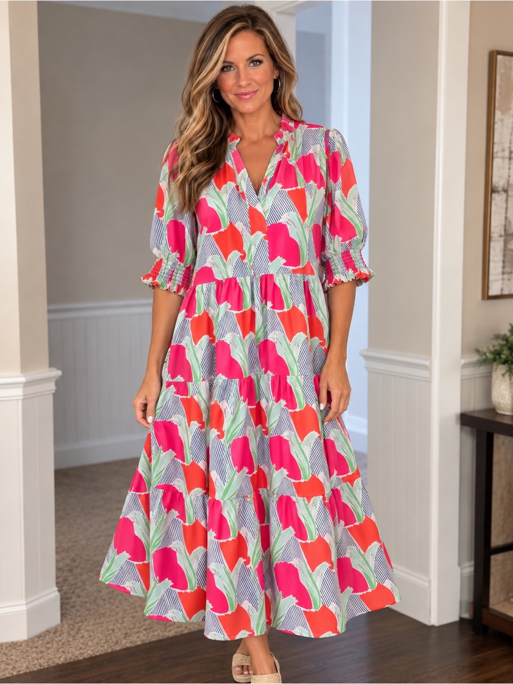 V-Neck Pink & Coral Floral Tiered Maxi Dress